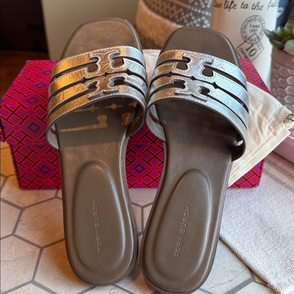 🩶 Tory Burch Ines Cage Slide Silver Wild Mushroom 🍄‍🟫 🩶 - Picture 5 of 12